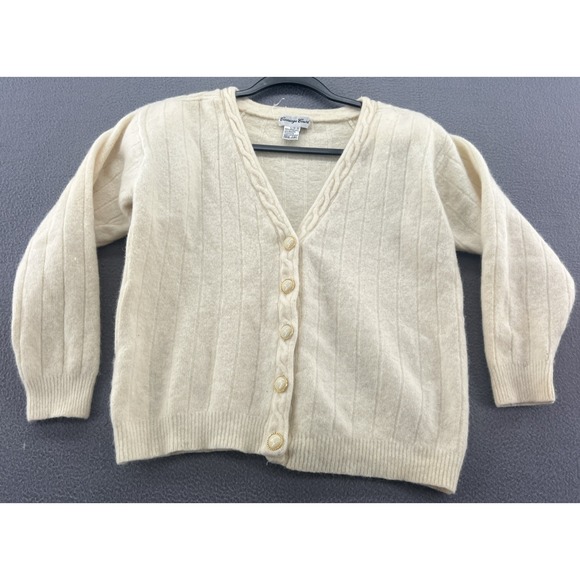 VTG Carriage Court Sweater Womens L Ivory Lambswool Cardigan Shoulder Pads - Picture 1 of 10